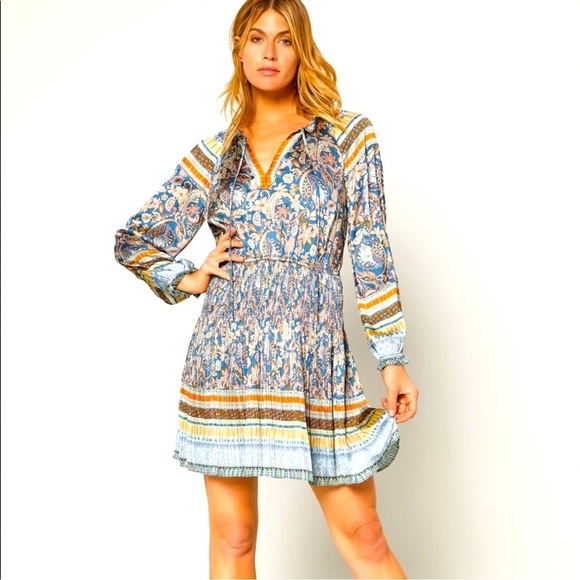 Current Air Dresses & Skirts - CURRENT AIR Floral Paisley Print Pleated Skirt Smocked Dress Tie at Neckline